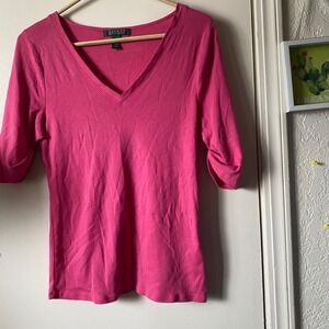 Lauren Ralph Lauren Pink V-Neck Top 1/2 Sleeve Knit Shirt Womens tee prep preppy